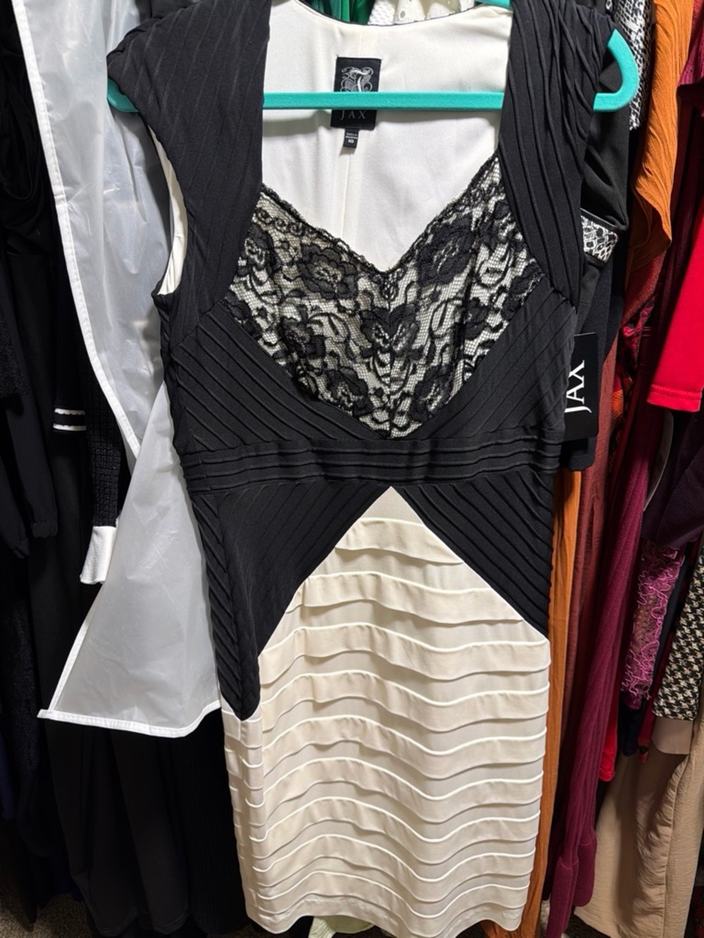 JAX Black & Cream Lace-Accent Midi Dress